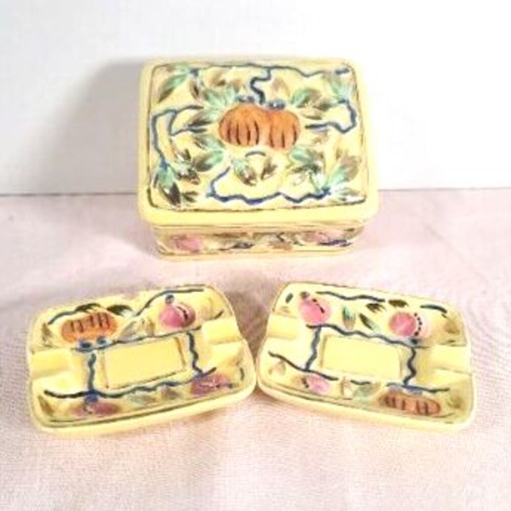 Vintage Piece Vintage Ceramic Cigarette Box & Nesting Ashtrays Fall Theme Japan
